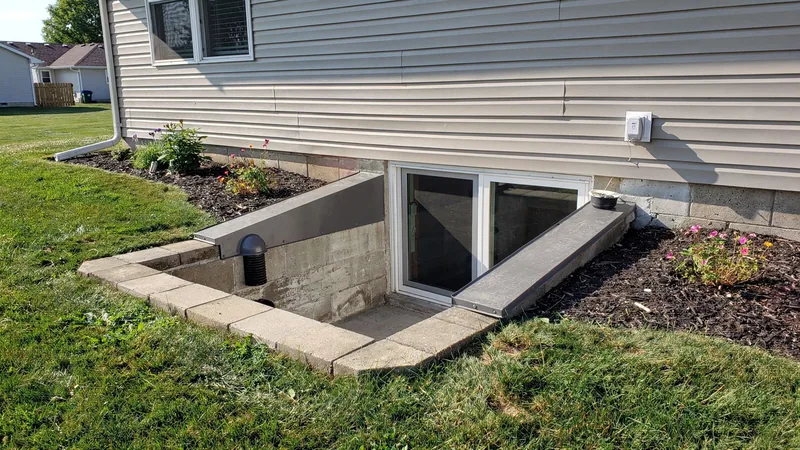 Basement window well with drain and cover on an Altoona, IA home