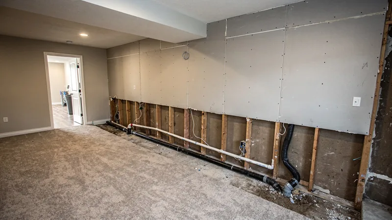 Finished basement wall opened for interior drain tile in Clive, IA