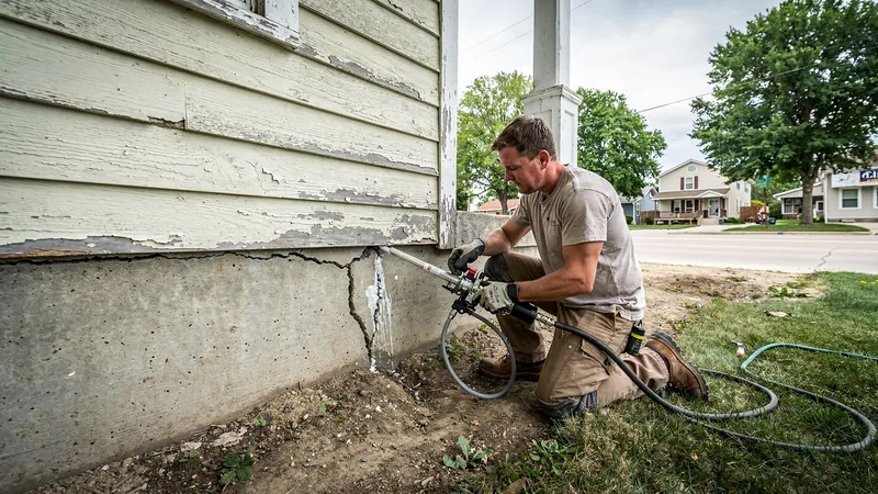 Foundation crack injection on a basement wall in Indianola, IA